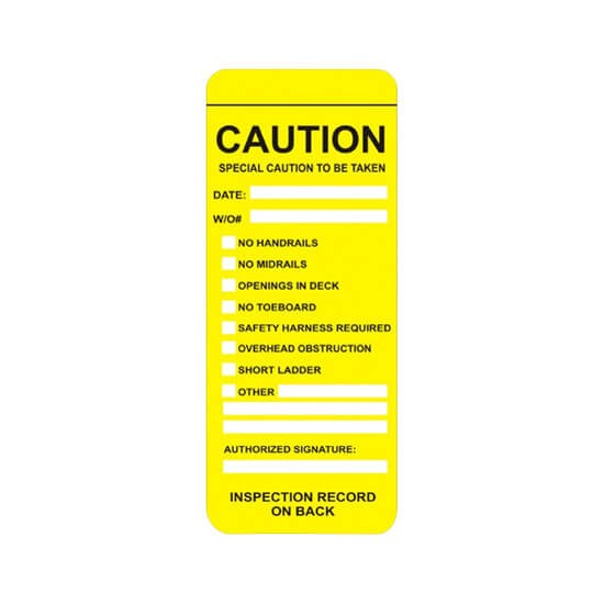 JTY-107-0-FRONT narrow yellow vinyl scaffolding safety tagged inspection and caution safety tag holder insert