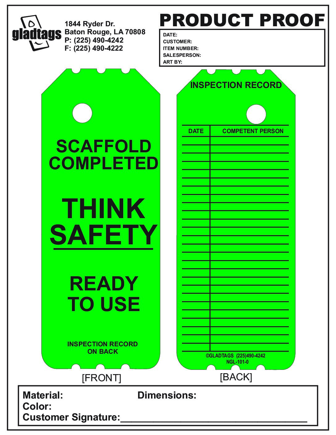 3.25X8 Green Laminated Scaffold Complete Think Safety with Inspection Record on the back – NGL-101-0