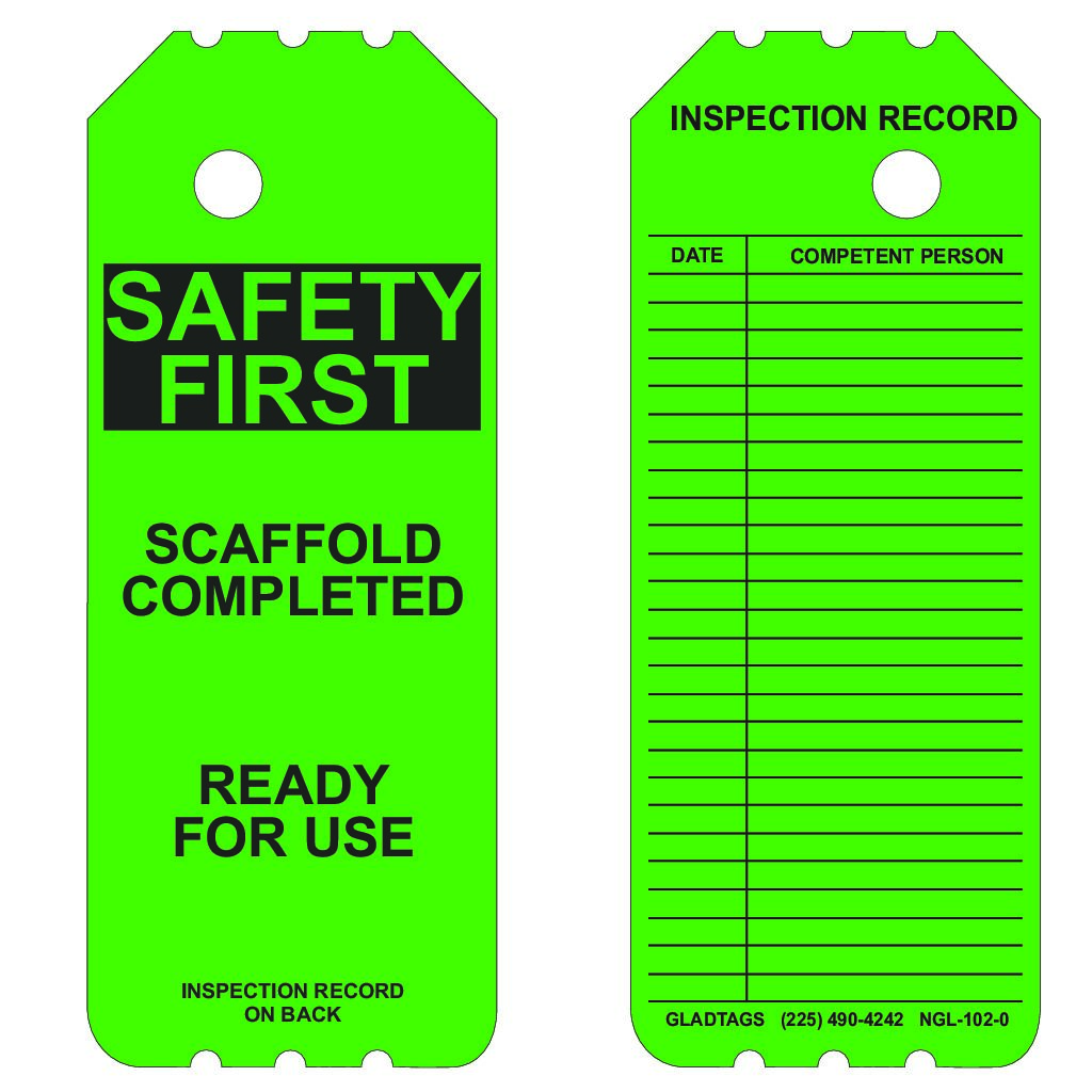 3.25X8 Green Laminated Safety First Scaffold Complete with Inspection Record on Back – NGL-102-0 proof