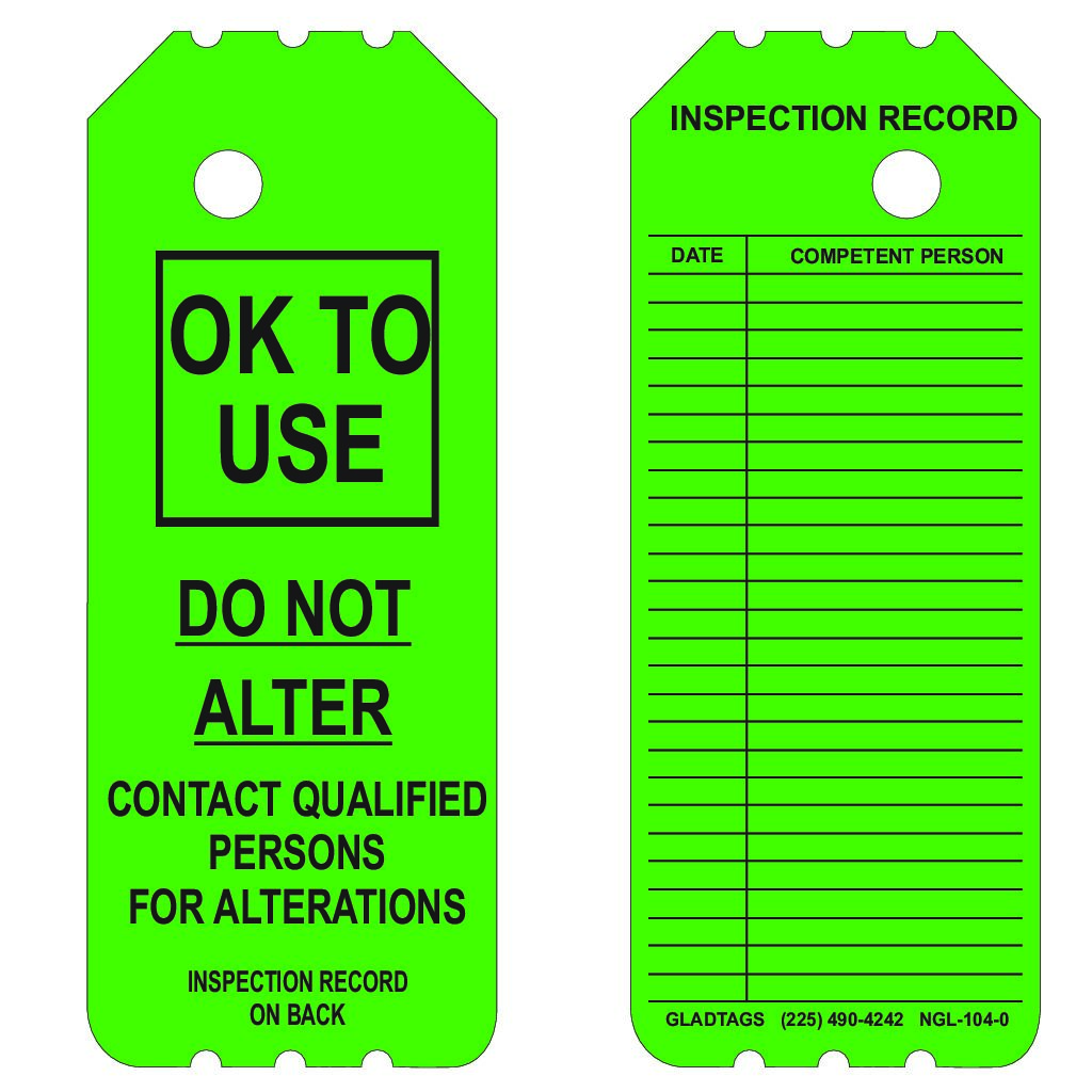 3.25X8 Green Laminated Okay to Use Do Not Alter with Inspection Record on Back ” – NGL-104-0