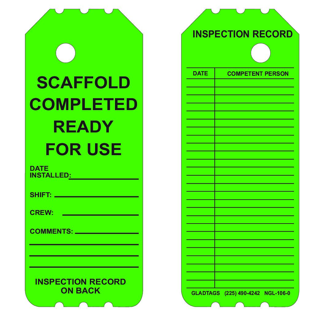 3.25X8 Green Laminated Scaffold Complete with Date Installed, Shift, Crew, Comments with Inspection Record on Back – NGL-106-0