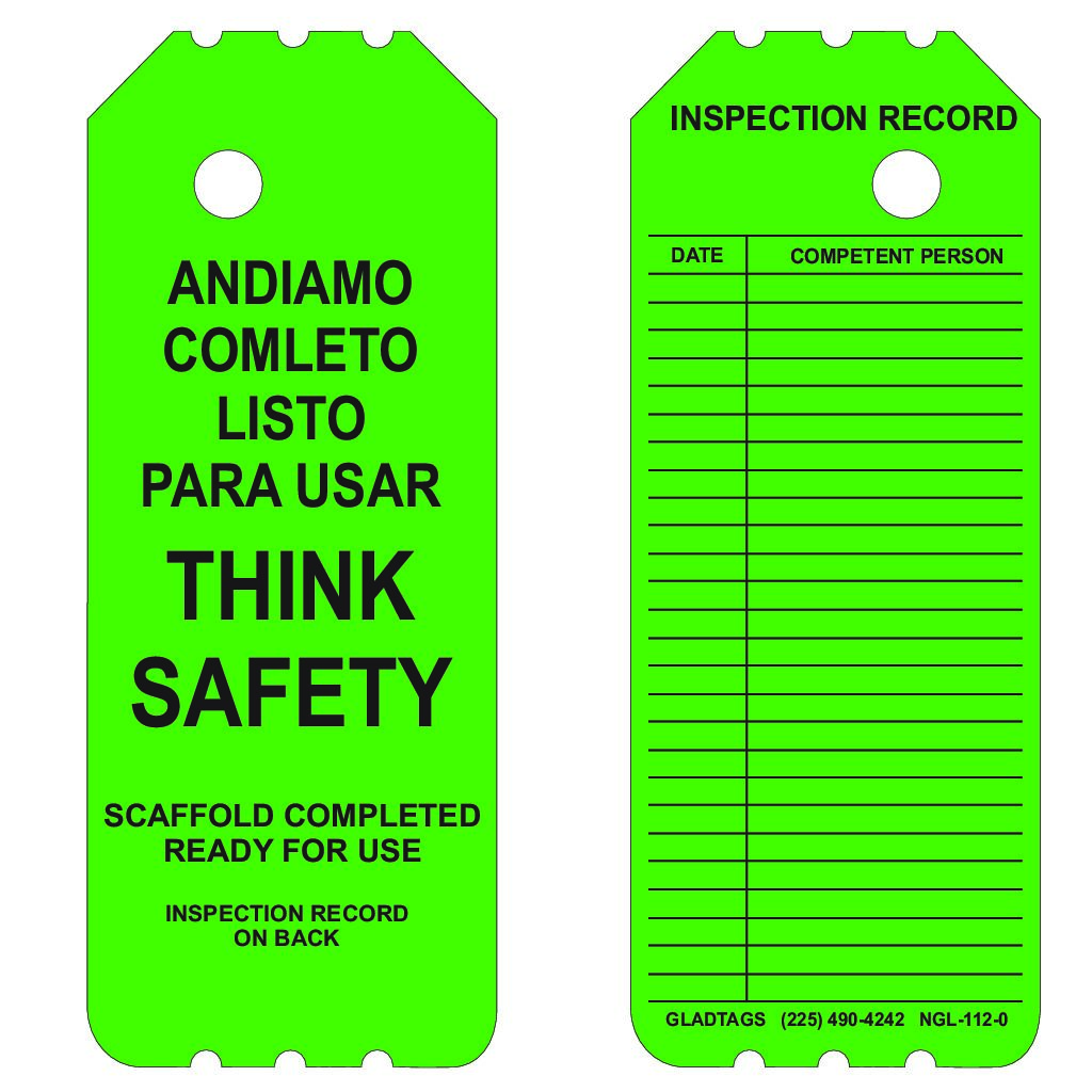 3.25X8 Green Laminated Scaffold Complete Think Safety with Inspection Record on back Bilingual – NGL-112-0