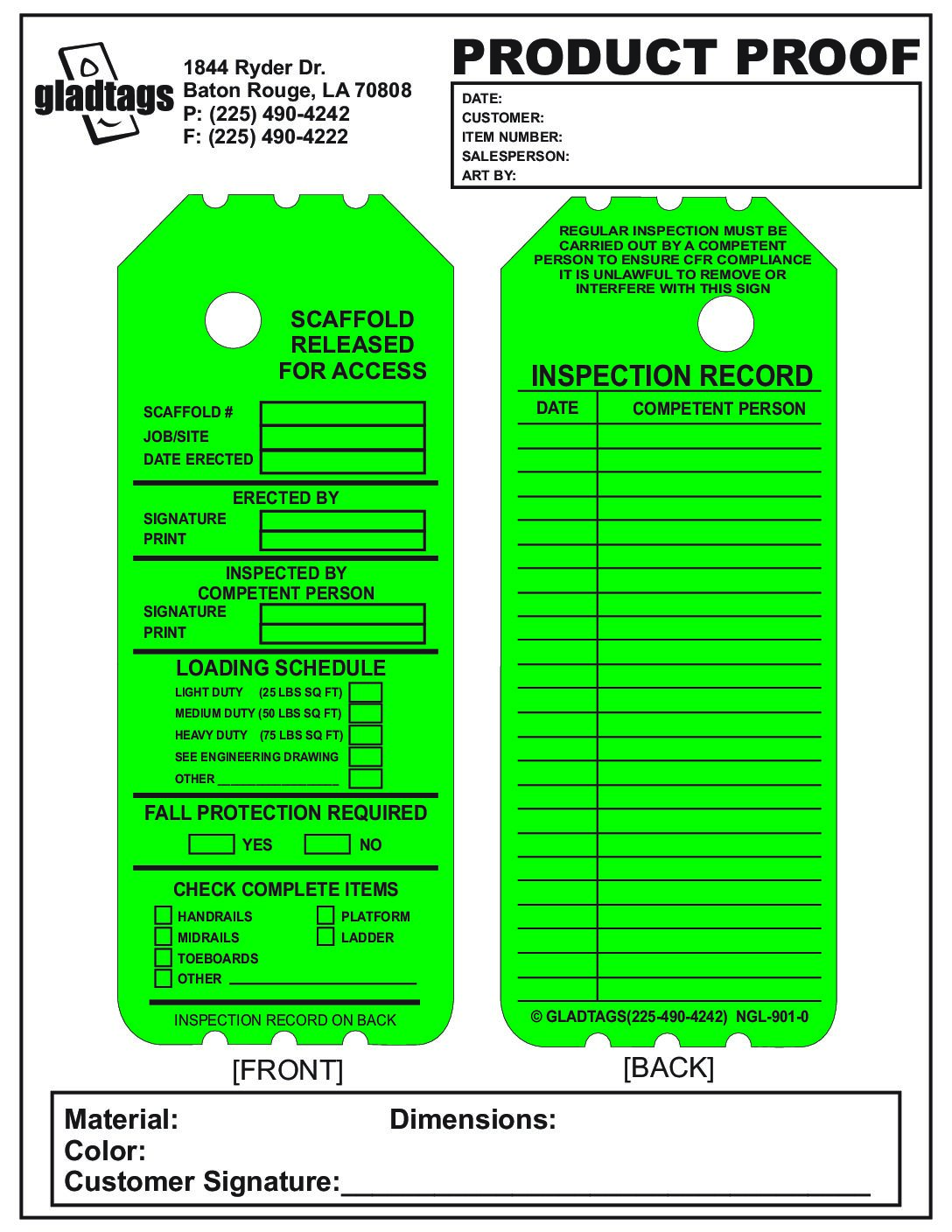 “3.25X8 Green Laminated Scaffold Released For Access Detailed Tag and Loading Schedule with Inspection Record on the Back ” – NGL-901-0