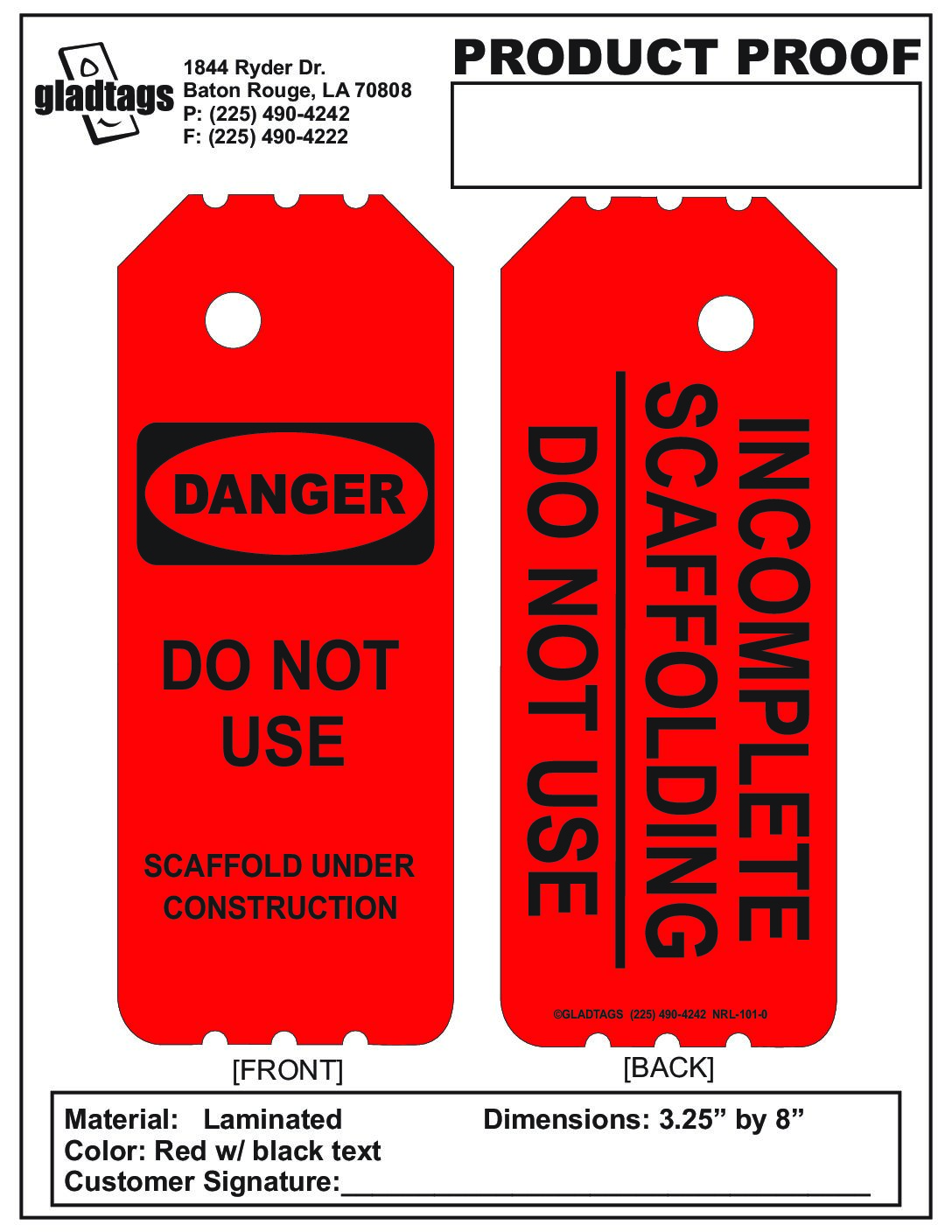 3.25X8 Red Laminated Danger Do Not Use  with Incomplete Scaffold on Back  – NRL-101-0