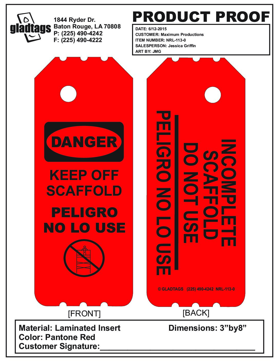 3.25X8 Red Laminated Danger Keep Off Scaffold with Pictograph Incomplete Scaffold on Back  – NRL-113-0