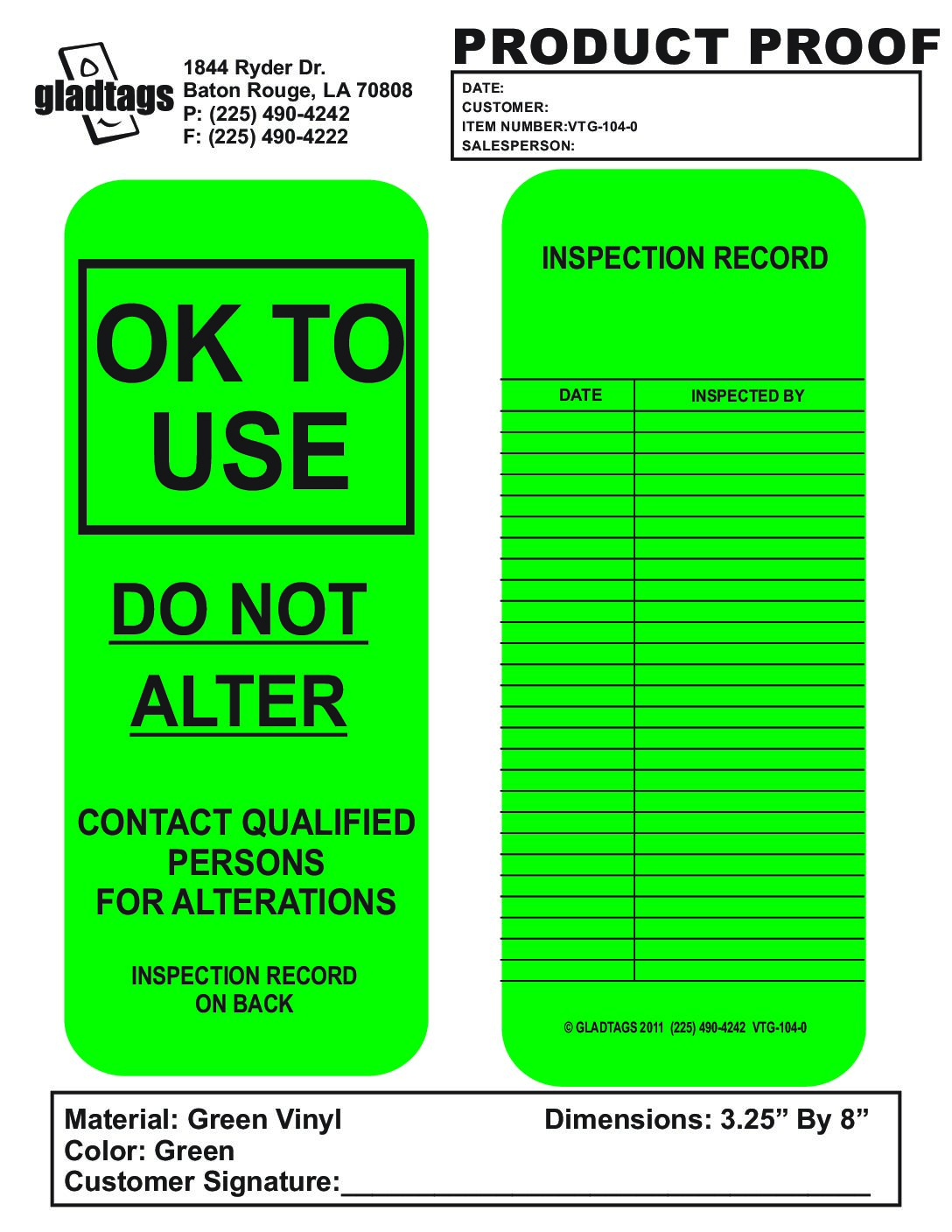 Green Vinyl Scaffolding Tag – OK to USE -VTG-104-0